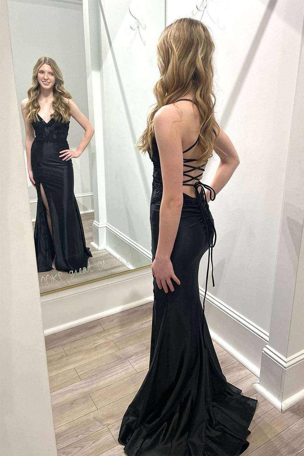 Satin Spaghetti Straps Mermaid Applique Long Prom Dress