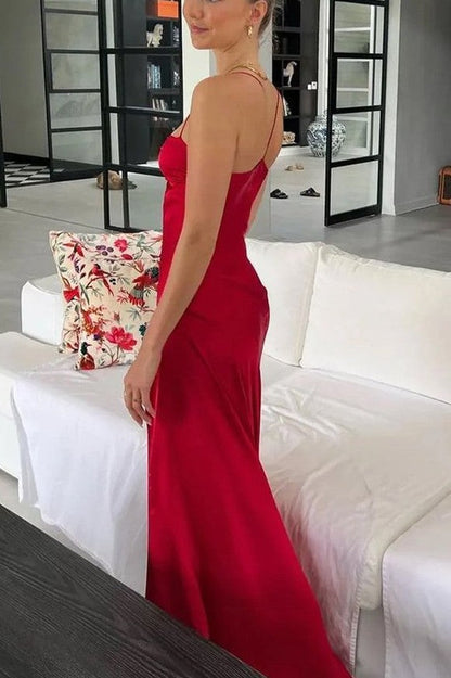 Simple Yellow Spaghetti Straps Satin Long Prom Formal Dress with Slit