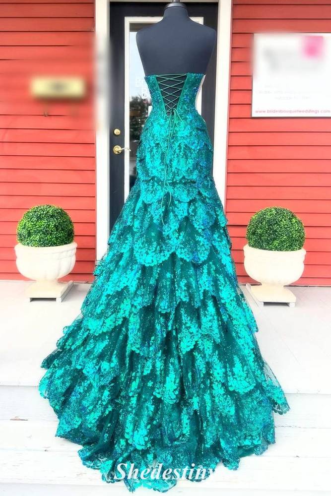 Ruffle Light Blue Plunging V-Neck A-Line Prom Gown with Sequin