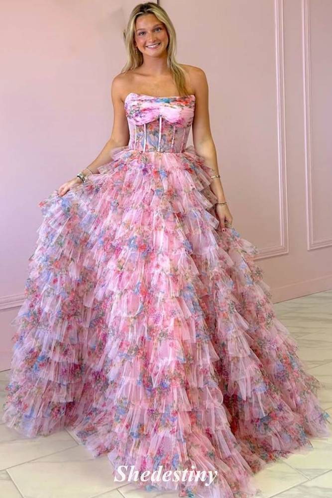 Ruffle Pink Flower Print Strapless Long Prom Dress