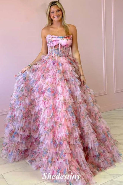 Ruffle Pink Flower Print Strapless Long Prom Dress