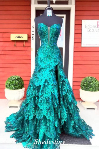 Ruffle Light Blue Plunging V-Neck A-Line Prom Gown with Sequin