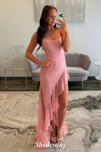 High-Low Ruffle Pink Mermaid Lace Prom Dress with Straps