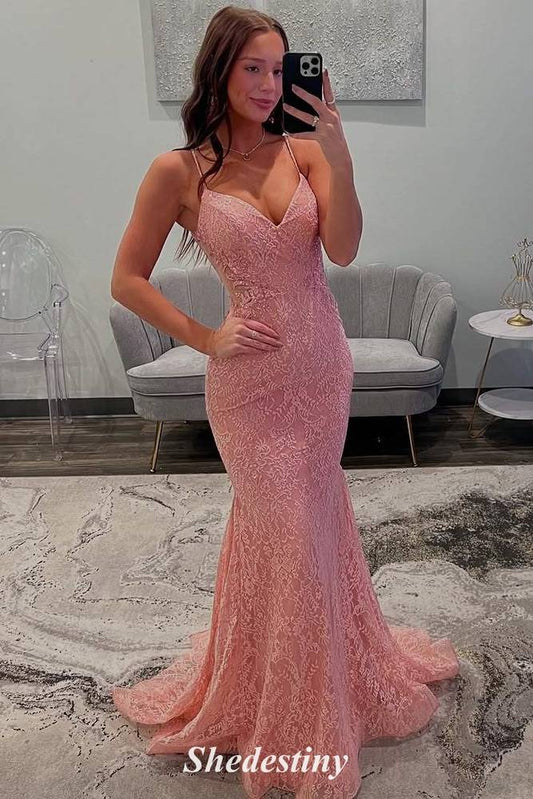 V-Neck Rose Pink Long Mermaid Lace Applique Prom Dress