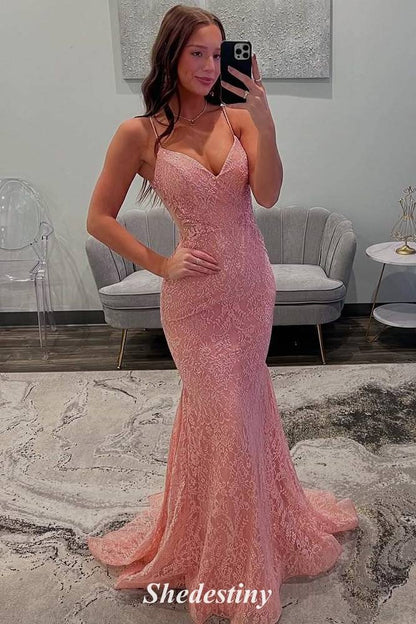 V-Neck Rose Pink Long Mermaid Lace Applique Prom Dress