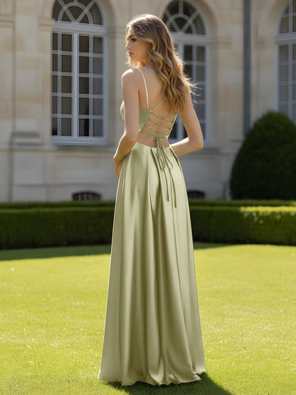 Pleated Sweetheart Neck A-Line Dress With Slit Dusty Sage