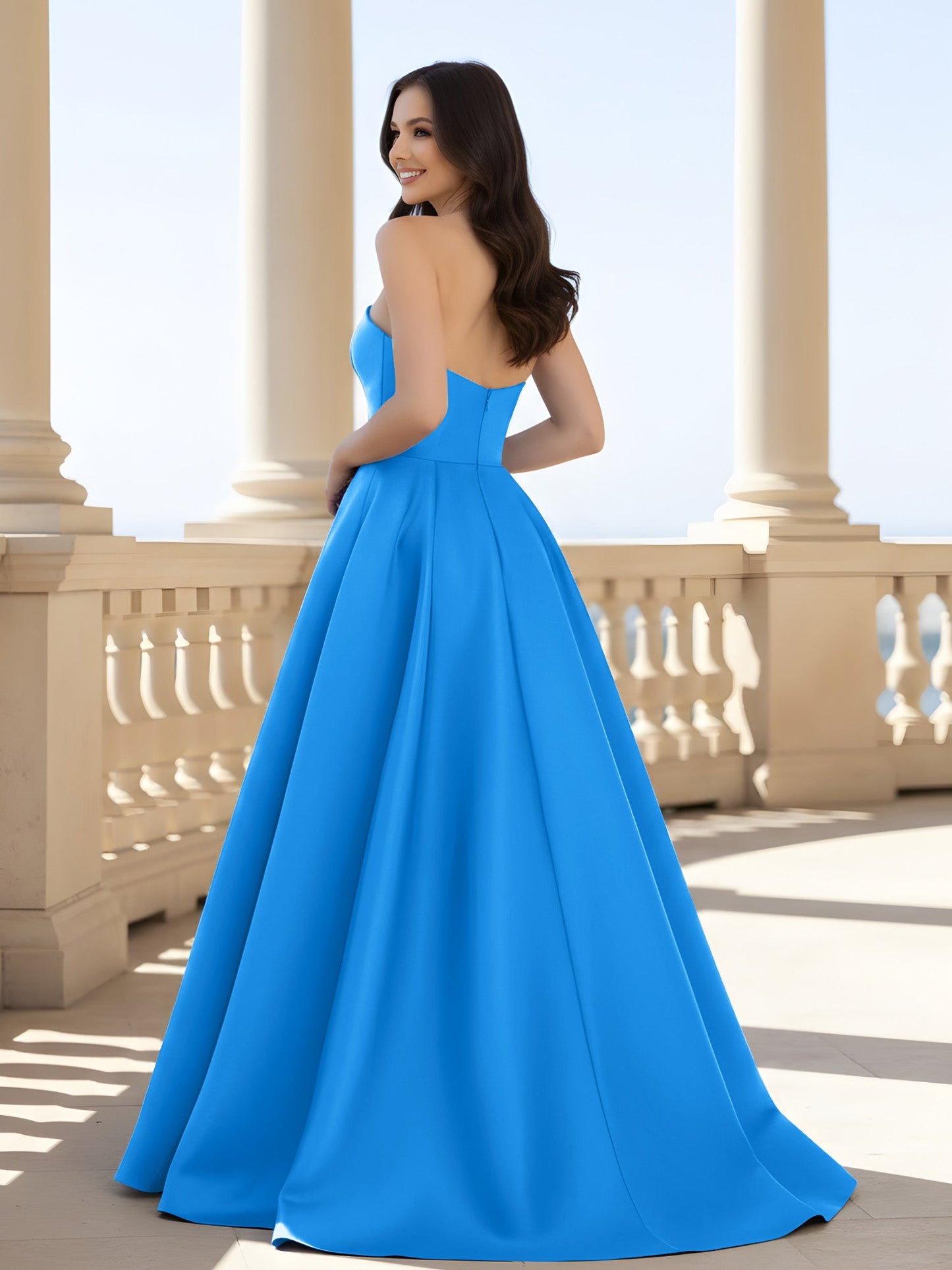 Pleated Strapless A-Line Long Dress With Slit Ocean Blue