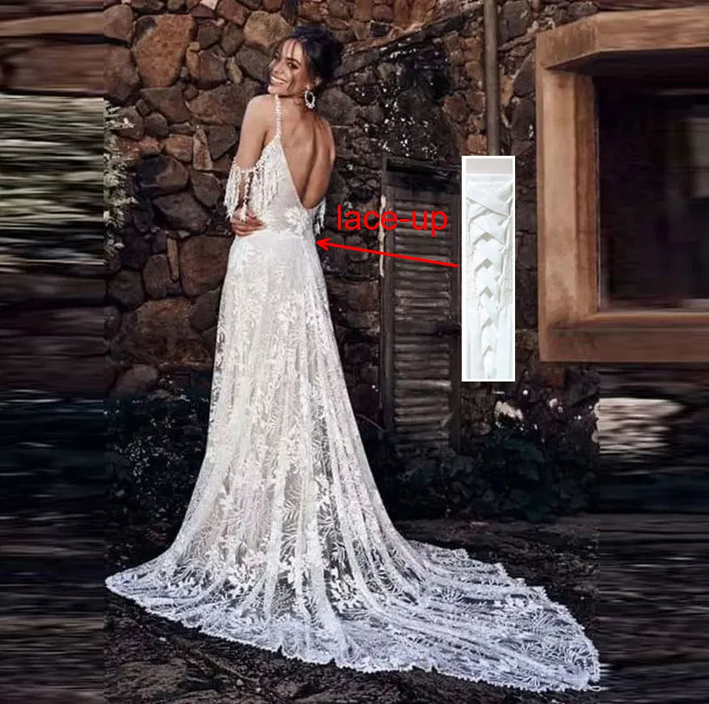 Boho Lace Wedding Dresses V-neck Spaghetti Straps A-line Gowns