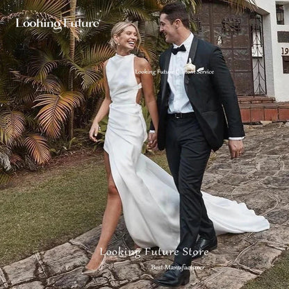 Customized Satin O-Neck Sleeveless Mermaid Wedding Dress with Side Slit Backless Bridal Gown