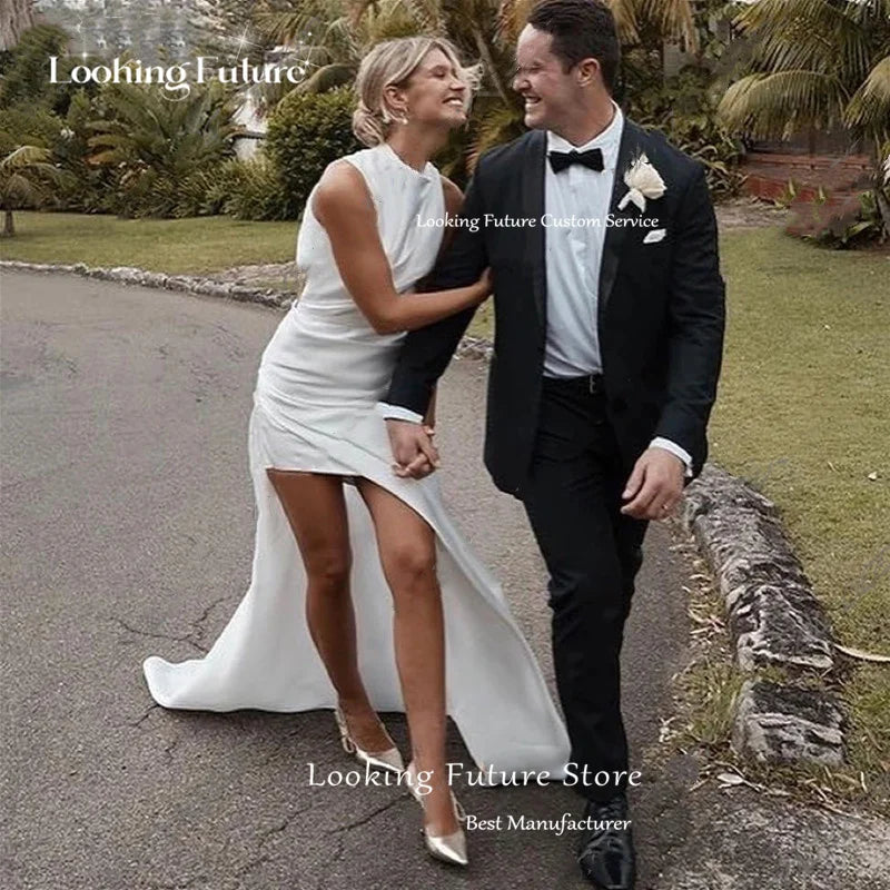 Customized Satin O-Neck Sleeveless Mermaid Wedding Dress with Side Slit Backless Bridal Gown