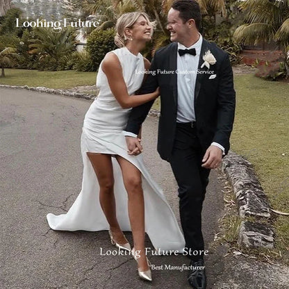 Customized Satin O-Neck Sleeveless Mermaid Wedding Dress with Side Slit Backless Bridal Gown