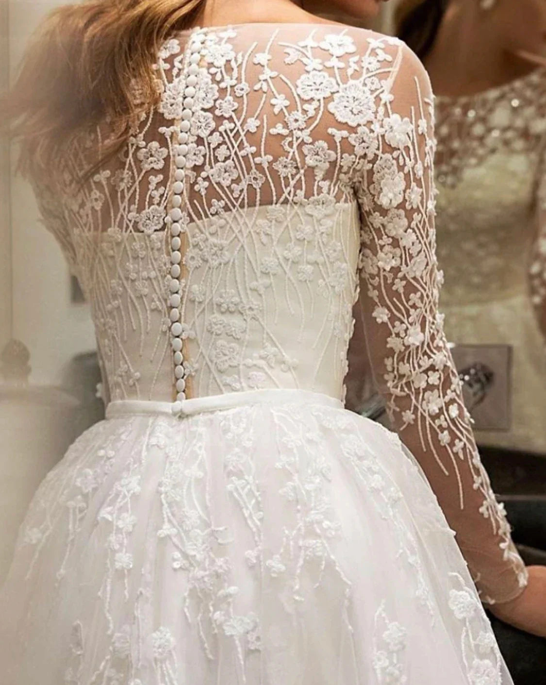 A-line Tulle Wedding Dress Long Sleeve V-neck Plus Size Lace