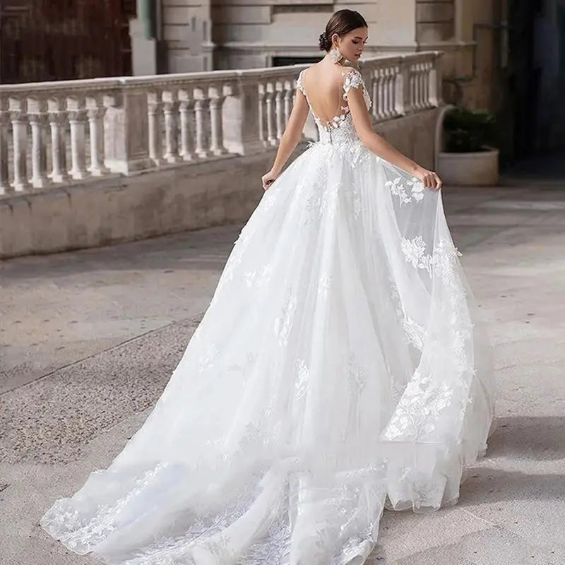 Customized Wedding Dress Short Sleeves Lace Appliques Mermaid Gown
