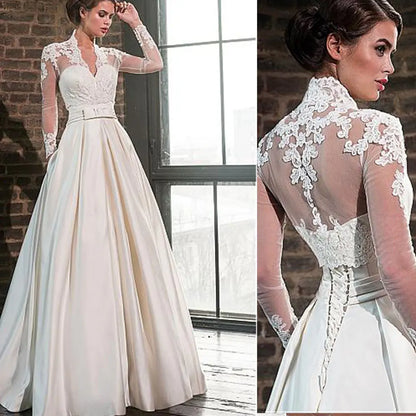 2 Pieces Sweetheart Satin Wedding Dresses A-Line Long Sleeve