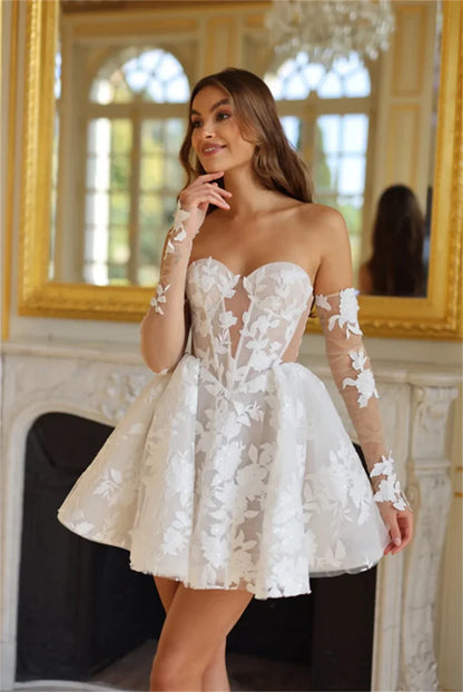 Cathy White Lace Appliques Mini Corset Wedding Dress After Party Dresses