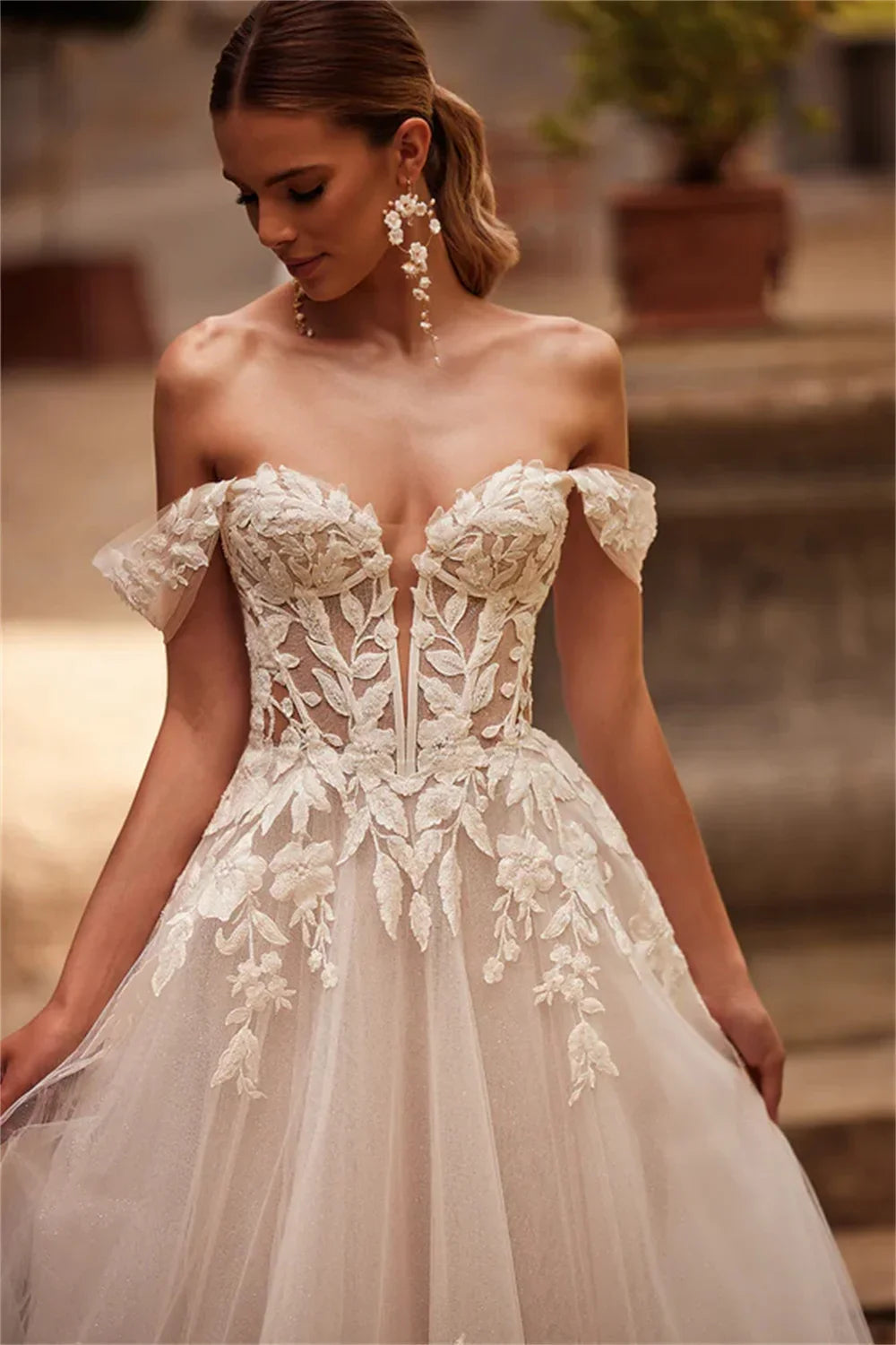 Charming Off The Shoulder 3D Flower Lace Applique A Line Wedding Dresses Custom Made