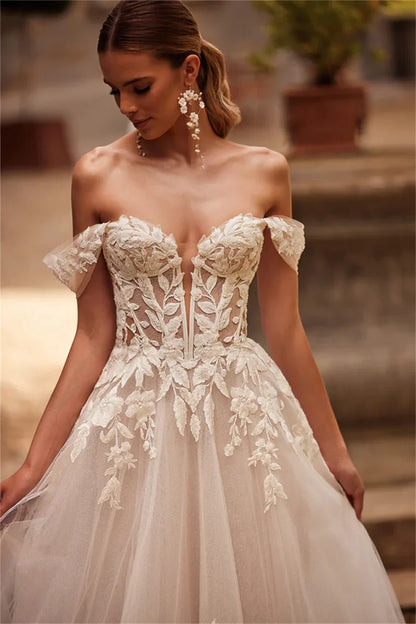 Charming Off The Shoulder 3D Flower Lace Applique A Line Wedding Dresses Custom Made