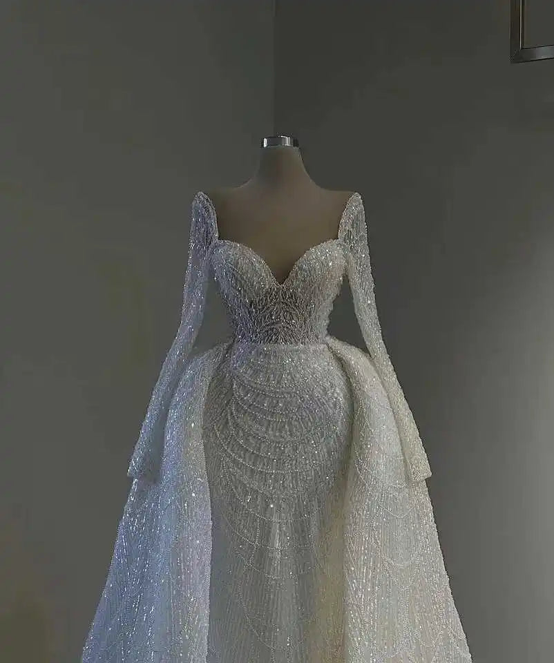 Flavinke White Mermaid Wedding Dresses With Detachable Train Long Sleeves Pearls Wedding Gowns