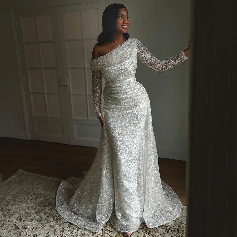Eightree Elegant Mermaid Wedding Dresses Long Sleeve Glitter Sequins Bridal Dress Evening Gowns Customized