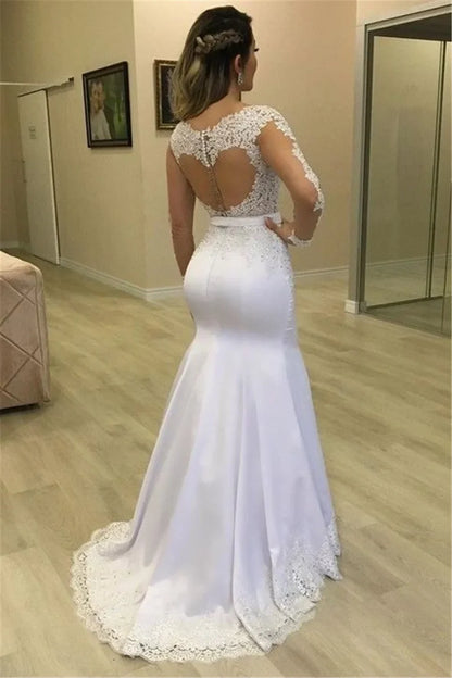 Sheer Long Sleeves Mermaid Wedding Dresses Custom Two Pieces Gowns