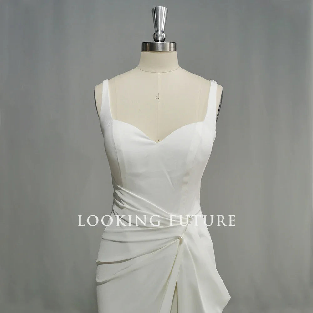 Customized Mermaid Satin Wedding Dress Backless Side Slit Boho Bridal Gown