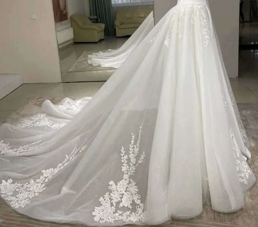 Lace Appliques Glitter Detachable Wedding Train Overskirt