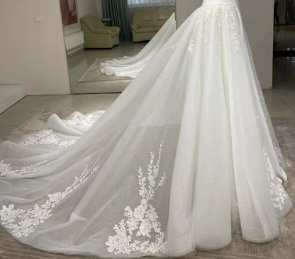 Lace Appliques Glitter Detachable Wedding Train Overskirt