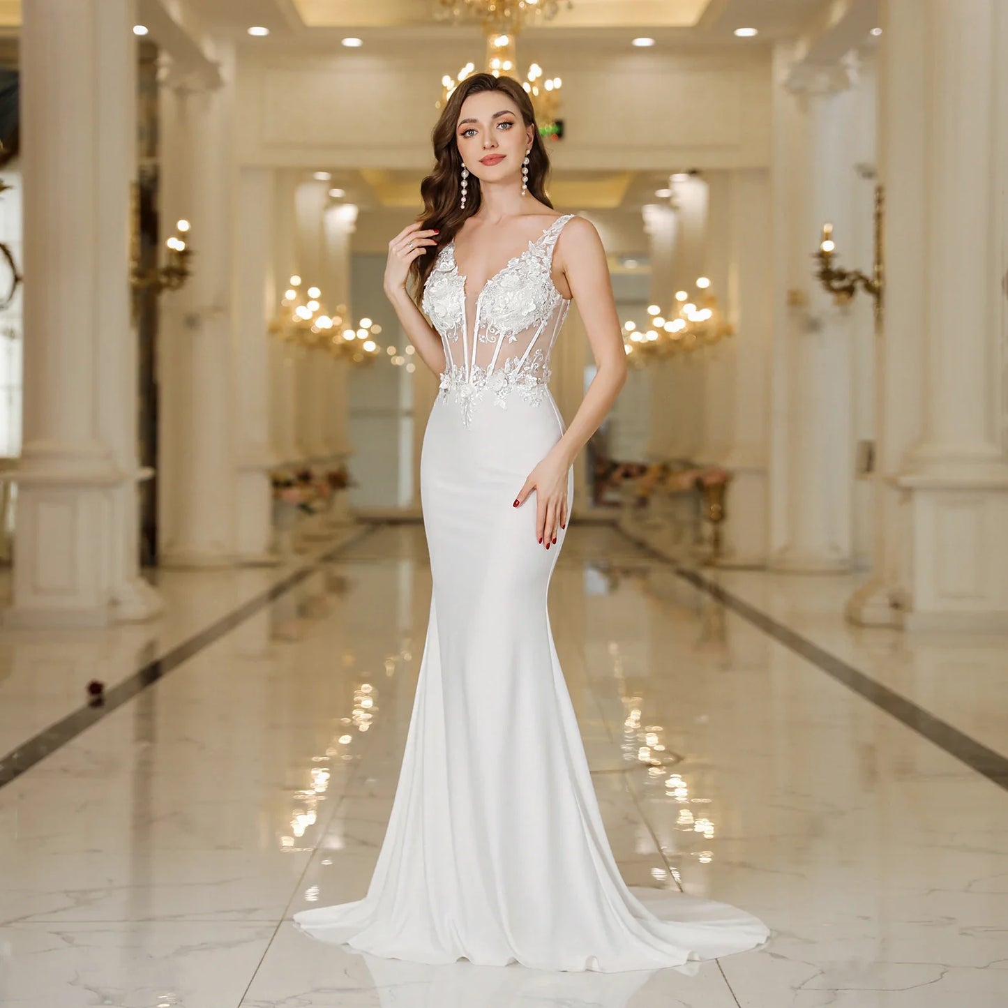 MisShow Elegant Straps Mermaid Wedding Dresses Lace Pearls Backless V Neck Sleeveless Gowns