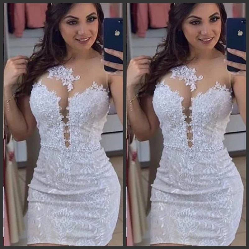 Short Sheath Lace 2 in 1 Wedding Dresses with Detachable Skirt Two Pieces Pearls Bridal Gowns