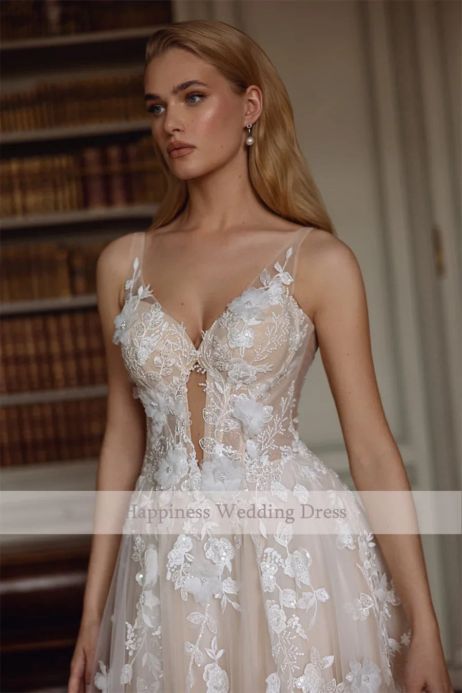 Customized A-Line Deep V-Neck Sleeveless Lace Appliques Tulle Wedding Dress Backless Button Bridal Gown