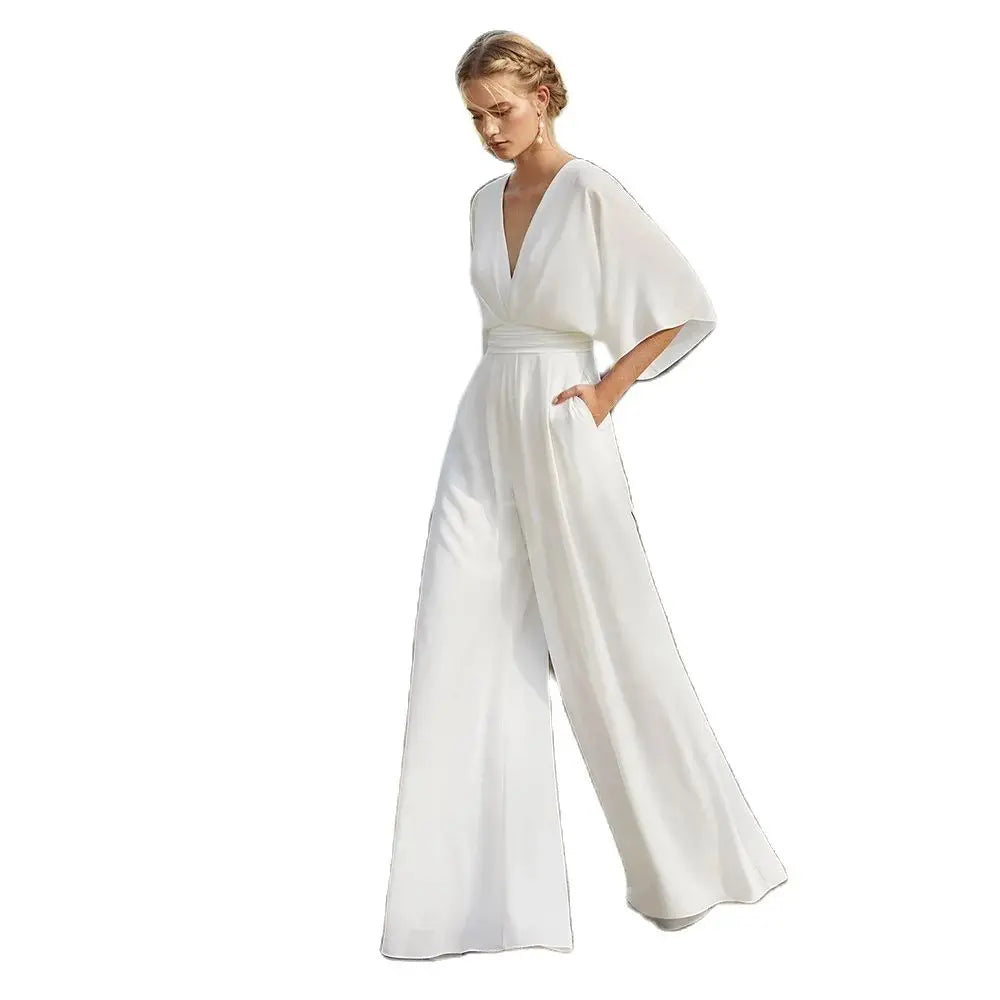 Customized White Jumpsuit Wedding Dresses V Neckline Beach Gowns