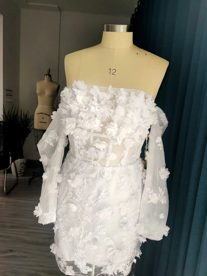 Women's Short Wedding Dresses Lace Floral Appliques Bridal Gown Strapless with Long Sleeves Prom Dress