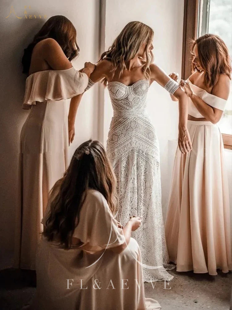 Boho Lace Mermaid Wedding Dresses With Removable Sleeve Gown