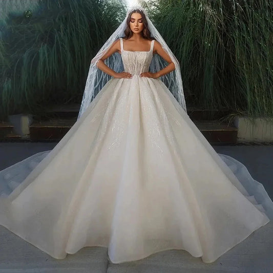 Customized Square Collar Ball Gown Wedding Dresses Pearls