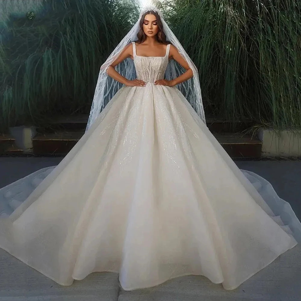 Customized Square Collar Ball Gown Wedding Dresses Pearls