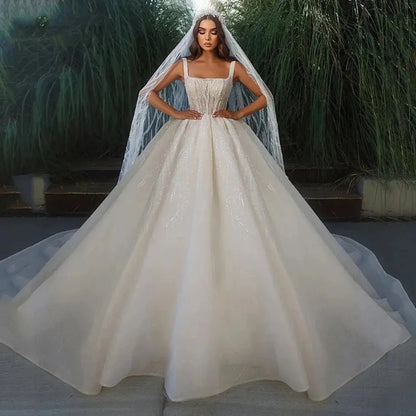 Customized Square Collar Ball Gown Wedding Dresses Pearls