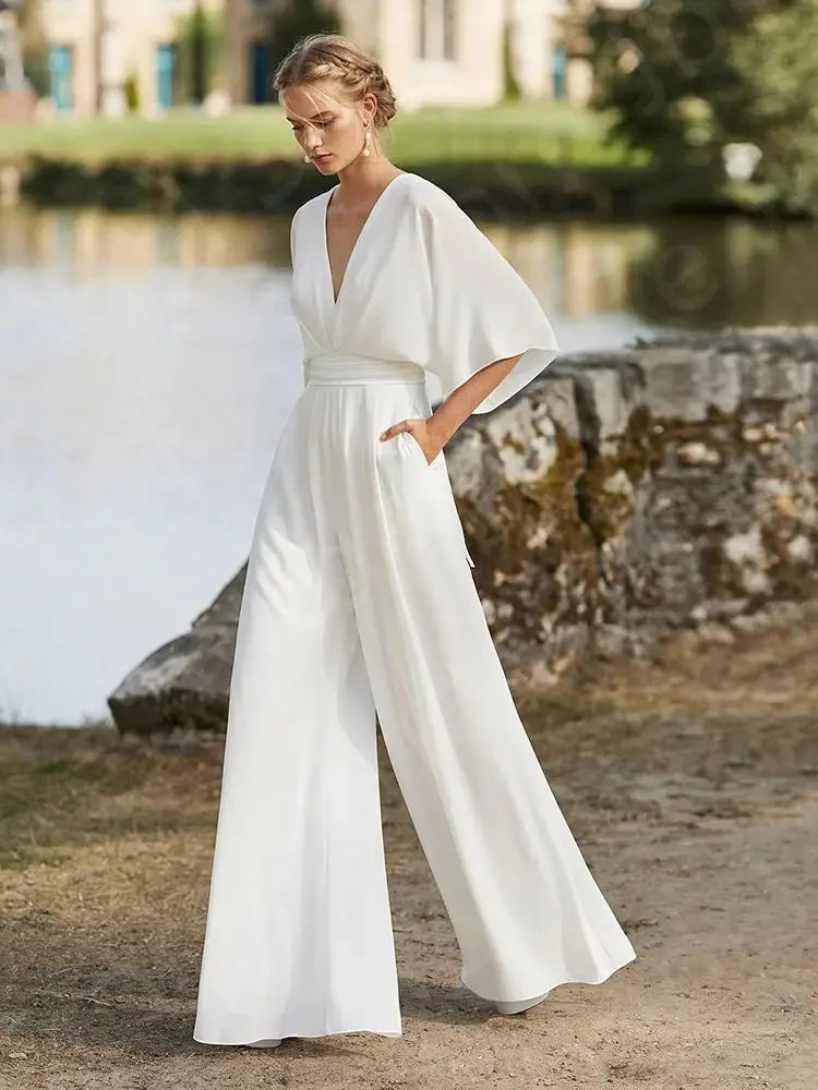Customized White Jumpsuit Wedding Dresses V Neckline Beach Gowns