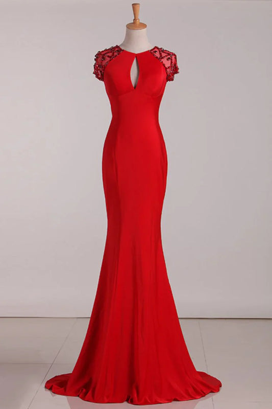 Aimishang Scoop Mermaid Evening Dresses  Spandex With Beads Sweep Train