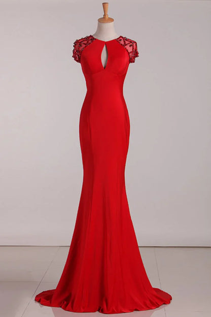 Aimishang Scoop Mermaid Evening Dresses  Spandex With Beads Sweep Train