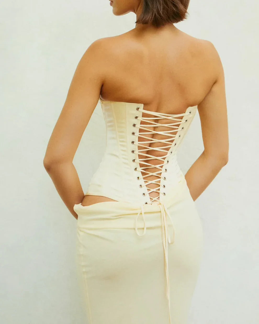 Simple Light Yellow Mermaid Boned Corset Satin Long Prom Dress Evening Dress cc5598