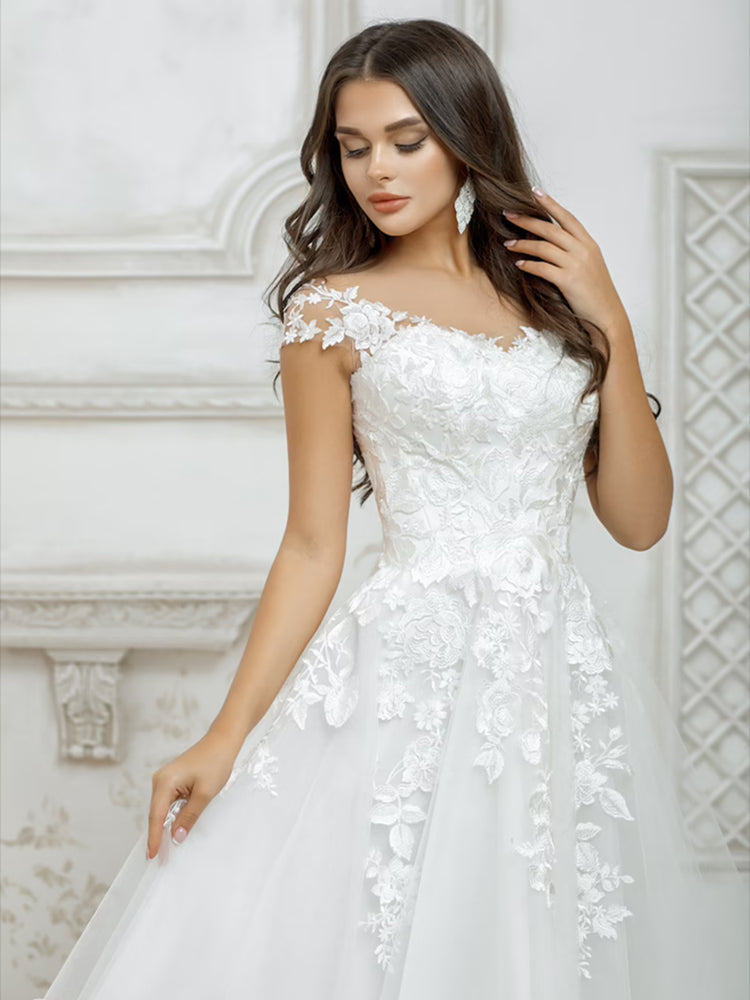 Short Wedding Dresses White For Women Cap Sleeve Lace Appliques Boho Bridal Gown