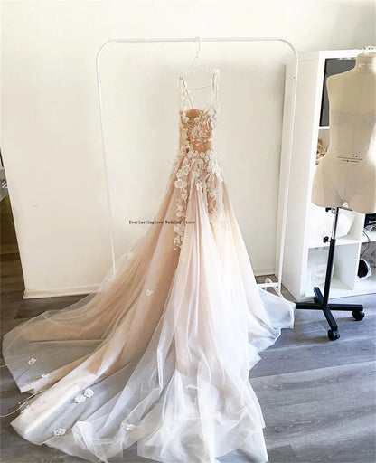 Charming Two Straps 3D Flower Lace Applique Bridal Gown A Line Wedding Dresses Custom Made