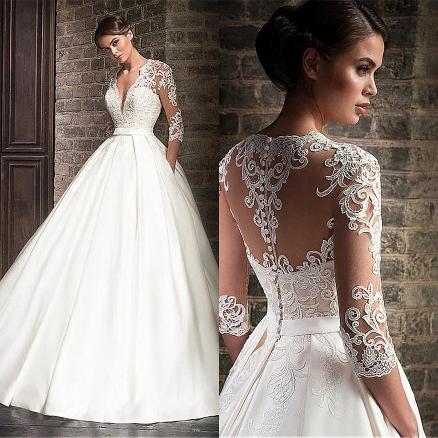 Arabic Women Wedding Gowns Luxury V-neck Satin Lace Dress
