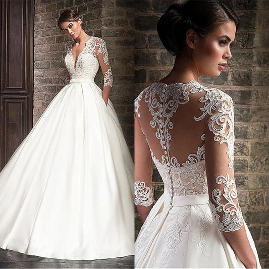 Arabic Women Wedding Gowns Luxury V-neck Satin Lace Dress