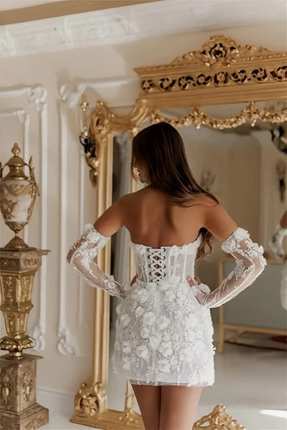 Women's Short Wedding Dresses Lace Floral Appliques Bridal Gown Strapless with Long Sleeves Prom Dress
