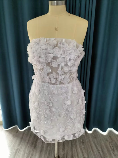Women's Short Wedding Dresses Lace Floral Appliques Bridal Gown Strapless with Long Sleeves Prom Dress