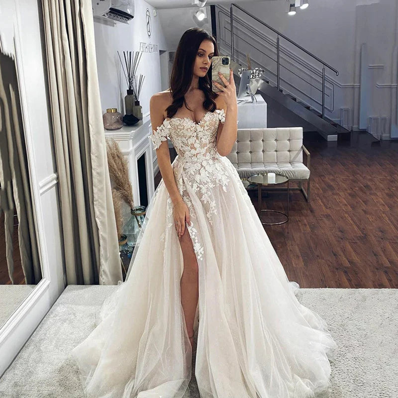 LORIE Lace Wedding Dresses Off The Shoulder Appliques Bridal Gowns