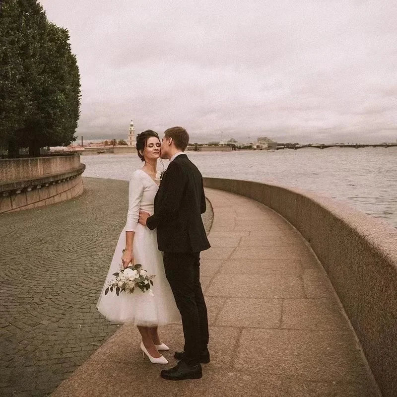 Elegant A-Line Short Plus Size Wedding Dress Satin Tulle Bridal Party Dress