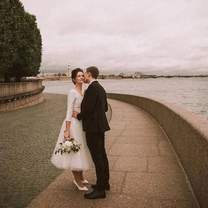 Elegant A-Line Short Plus Size Wedding Dress Satin Tulle Bridal Party Dress