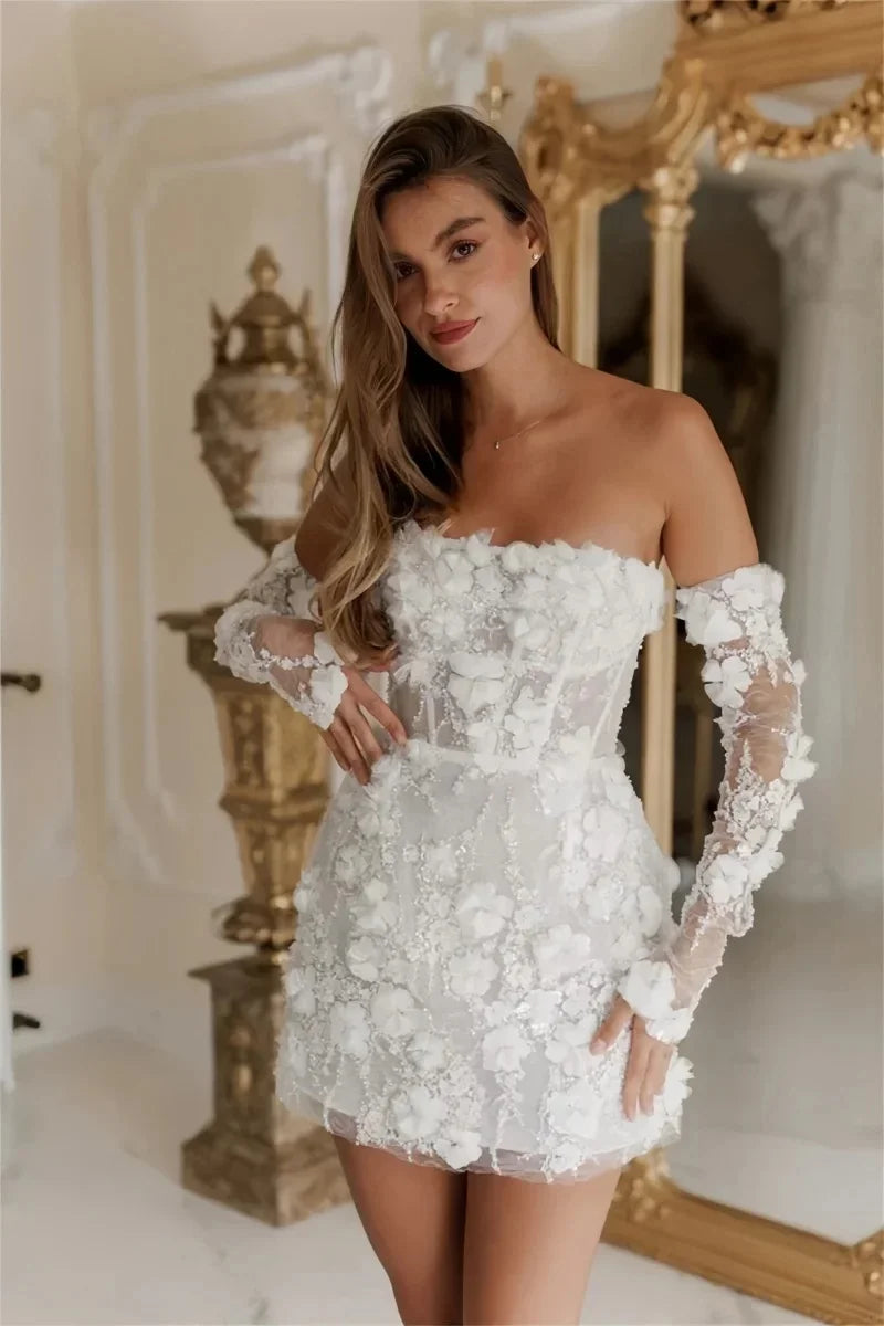 Women's Short Wedding Dresses Lace Floral Appliques Bridal Gown Strapless with Long Sleeves Prom Dress